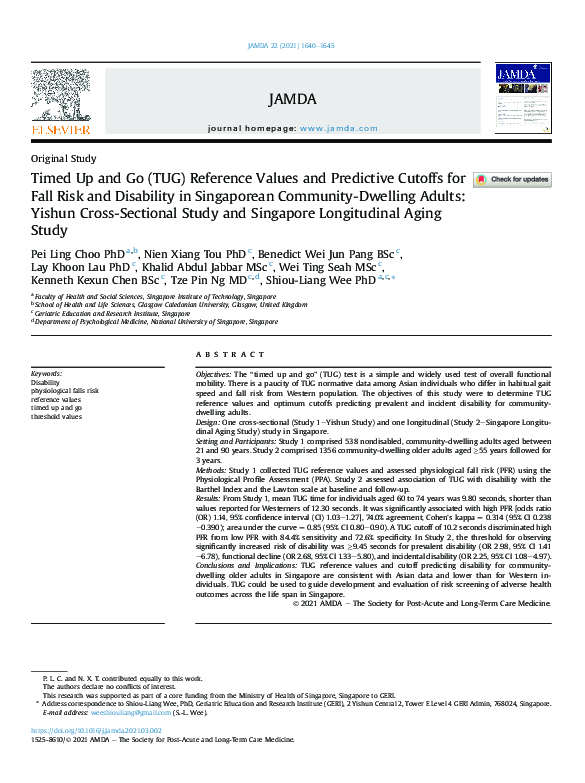 (PDF) Timed Up and Go (TUG) Reference Values and Predictive Cutoffs for ...