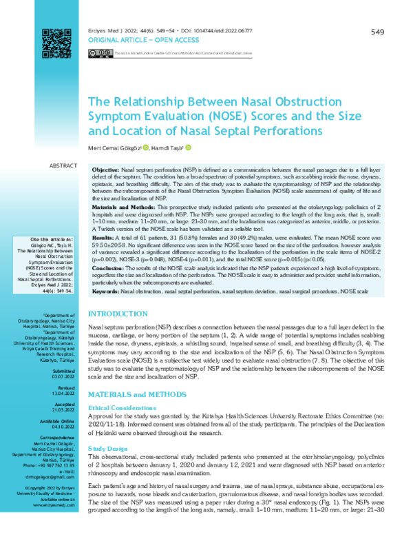 (PDF) Gökgöz MC, Taşlı H. The Relationship Between Nasal Obstruction ...