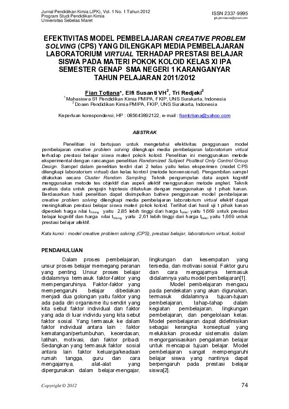 (PDF) Efektivitas Model Pembelajaran Creative Problem Solving (CPS ...