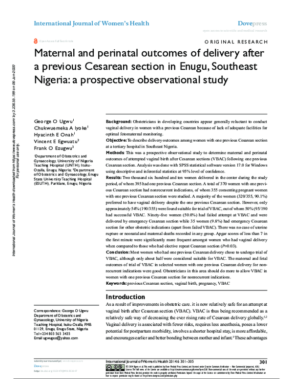 (PDF) Maternal and perinatal outcomes of delivery after a previous ...