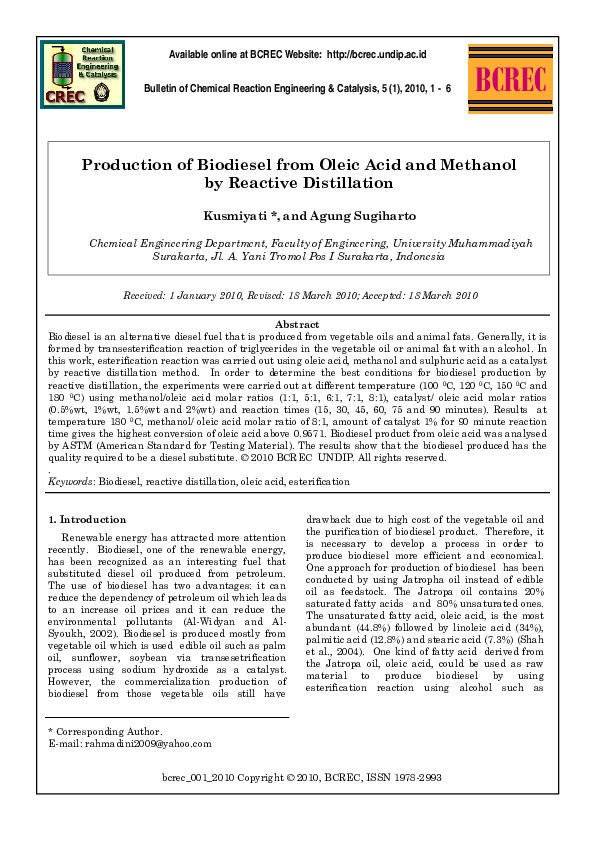 (PDF) Production of Biodiesel from Oleic Acid and Methanol by Reactive ...