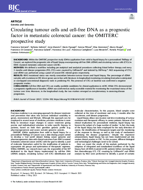 (PDF) Circulating tumour cells and cell-free DNA as a prognostic factor ...