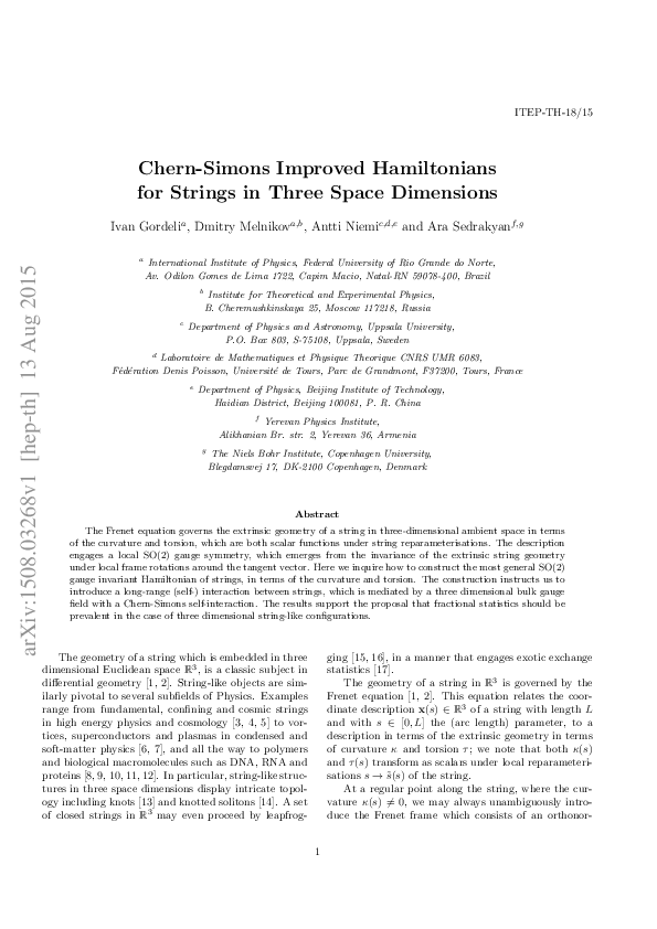 (PDF) Chern-Simons improved Hamiltonians for strings in three space ...