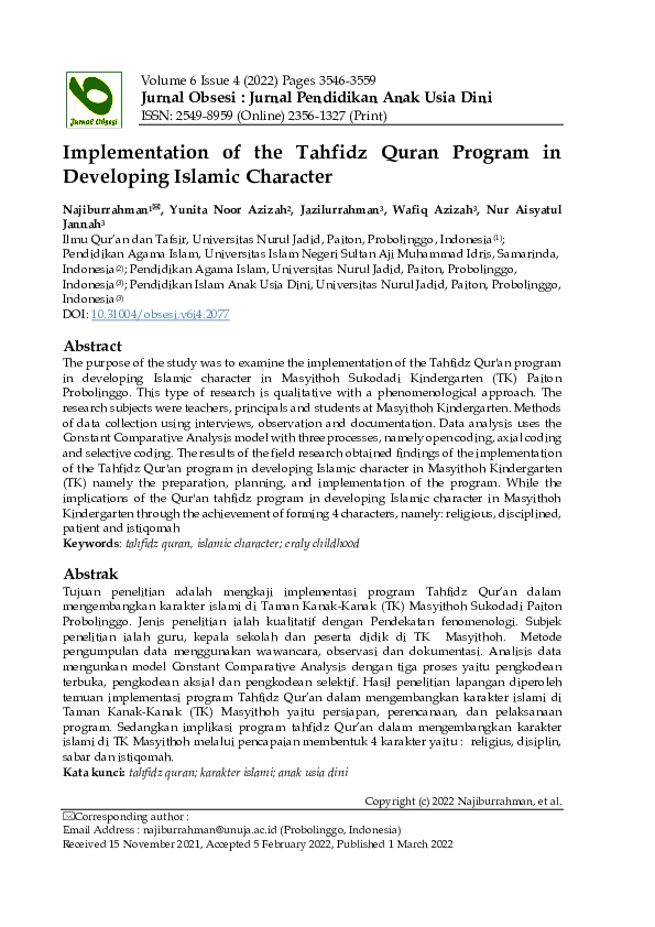 (PDF) Implementation of the Tahfidz Quran Program in Developing Islamic ...