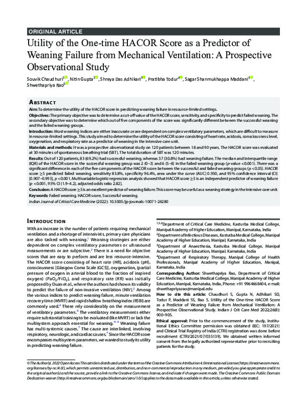 (PDF) Utility of the One-time HACOR Score as a Predictor of Weaning ...