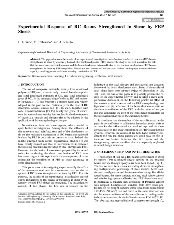 (PDF) Experimental Response of RC Beams Strengthened in Shear by FRP Sheets