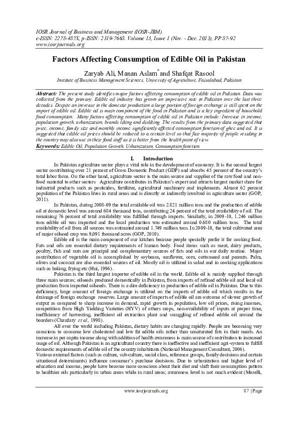 (PDF) Factors Affecting Consumption of Edible Oil in Pakistan Zaryab