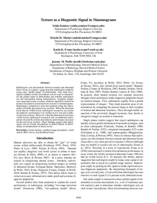 (PDF) Texture as a Diagnostic Signal in Mammograms