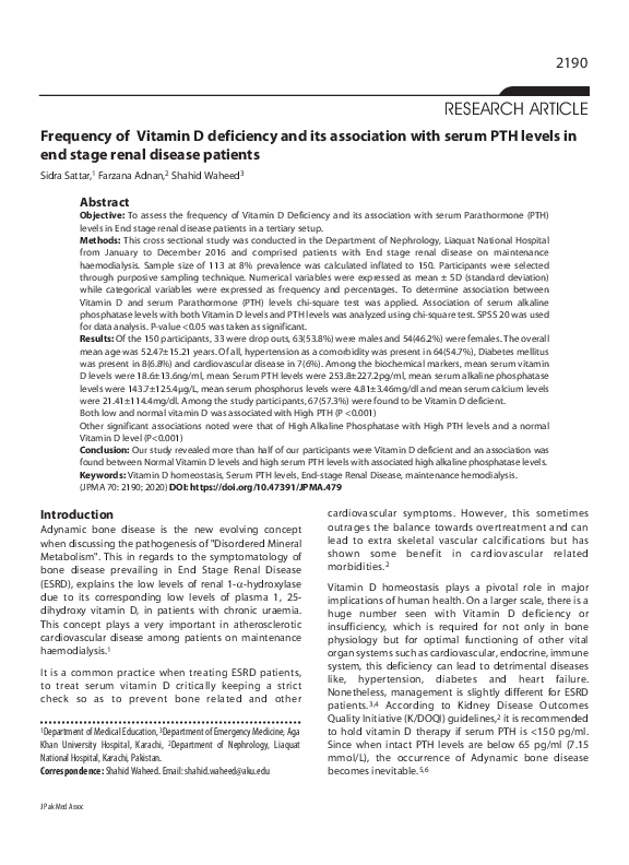(PDF) Frequency of Vitamin D Deficiency and its association with serum ...