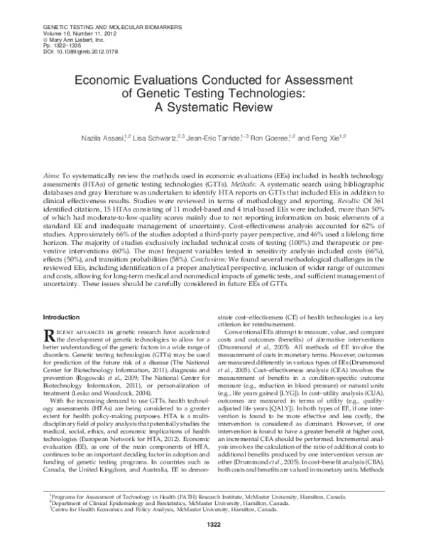 (PDF) Economic Evaluations Conducted for Assessment of Genetic Testing ...