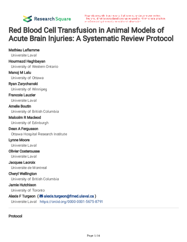 (PDF) Red Blood Cell Transfusion in Animal Models of Acute Brain ...