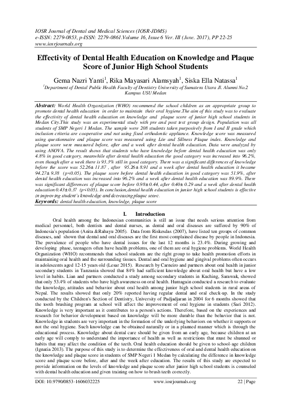 (PDF) Effectivity of Dental Health Education on Knowledge and Plaque ...