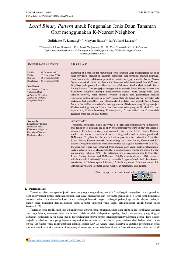 (PDF) Local Binary Pattern untuk Pengenalan Jenis Daun Tanaman Obat ...