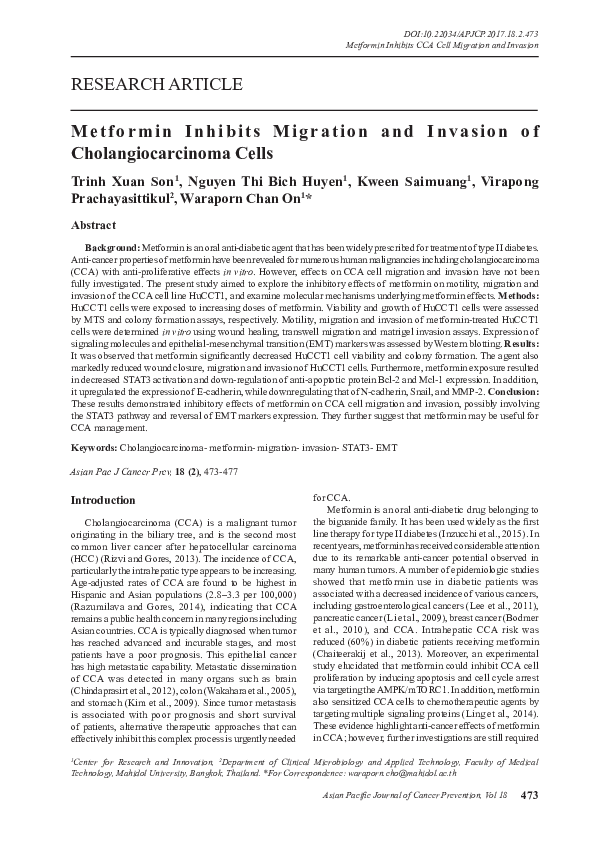 (PDF) Metformin Inhibits Migration and Invasion of Cholangiocarcinoma Cells