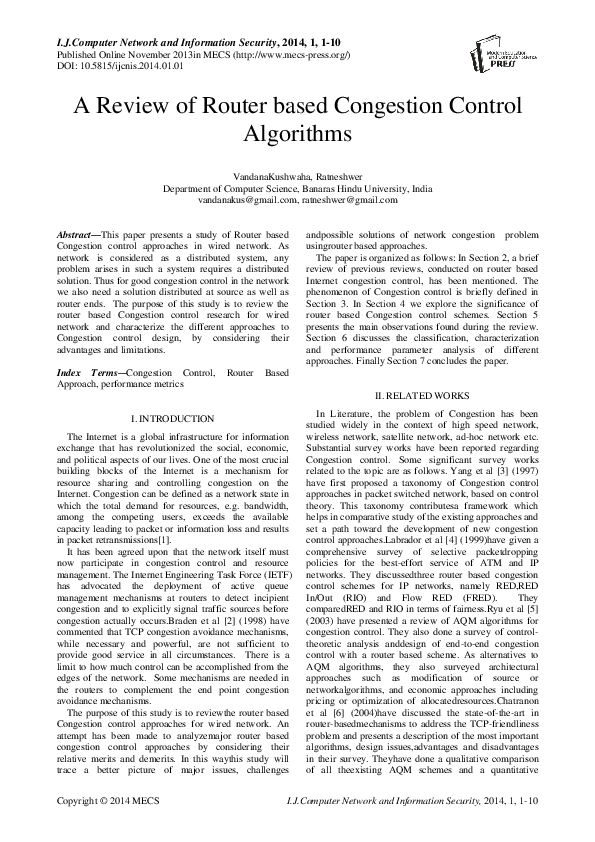 (PDF) A Review of Router based Congestion Control Algorithms