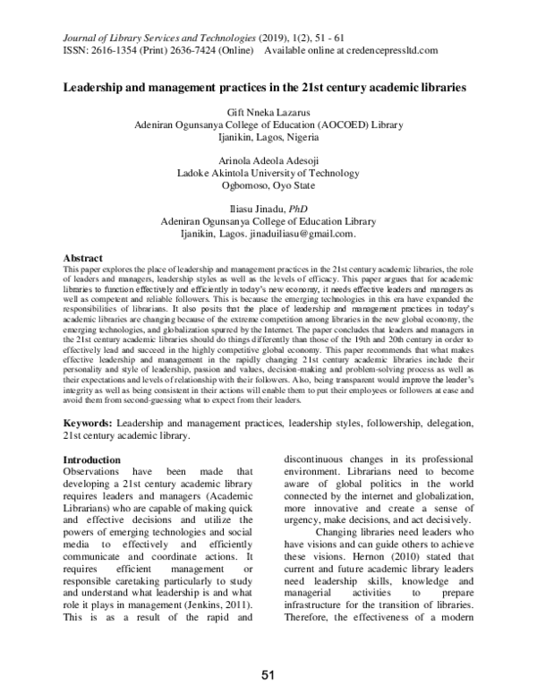 (PDF) Leadership and management practices in the 21st century academic ...