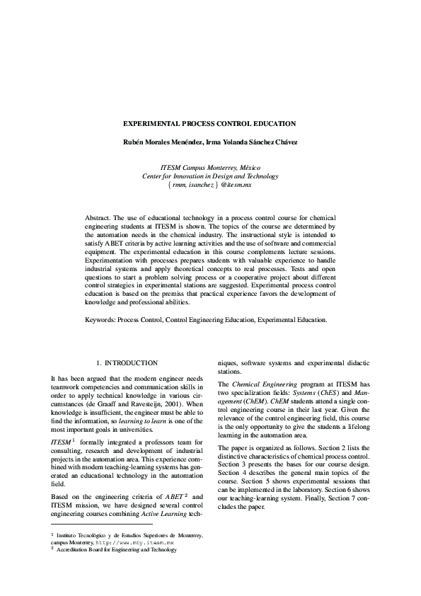 (PDF) Experimental Process Control Education