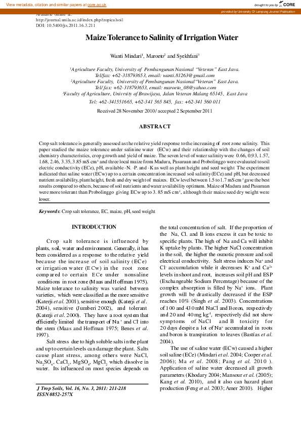 (PDF) Maize Tolerance to Salinity of Irrigation Water