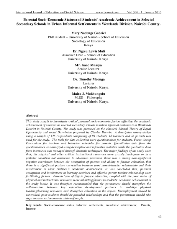 (PDF) Parental socio economic status academic achievement in selected ...