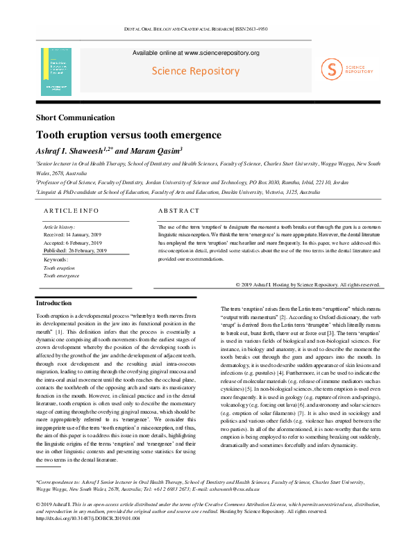 (PDF) Tooth eruption versus tooth emergence Ashraf Shaweesh and Maram