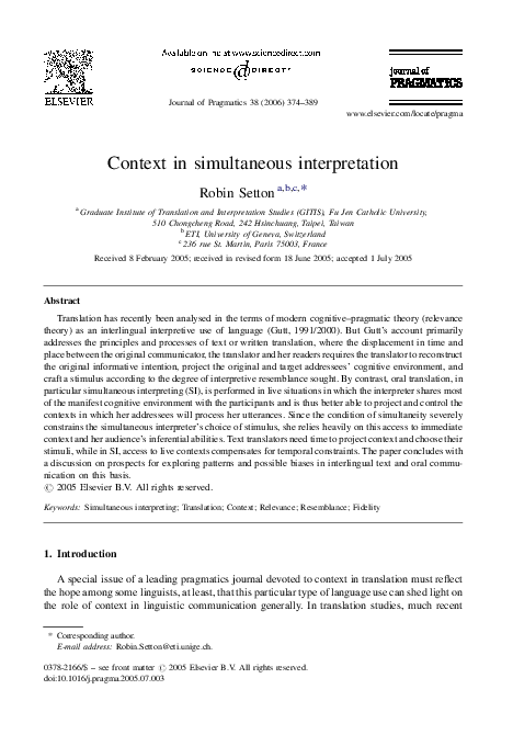 (PDF) Context in simultaneous interpretation