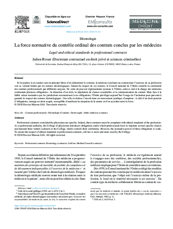 (PDF) La force normative du contrôle ordinal des contrats conclus par ...