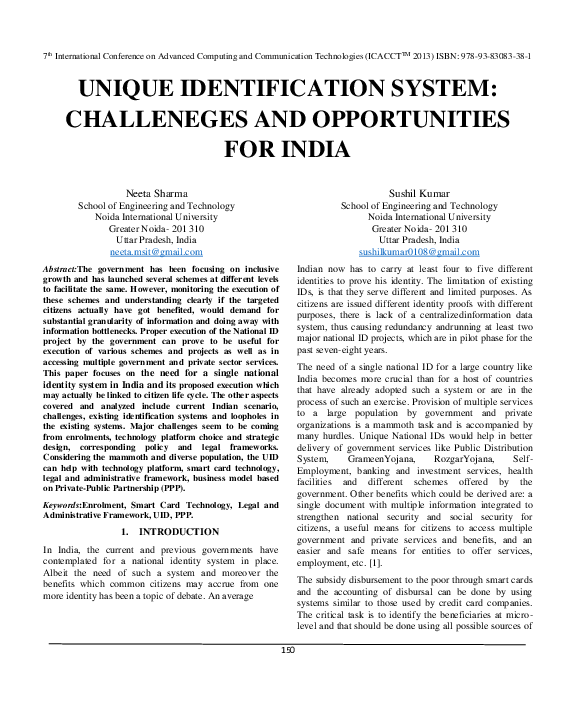 (PDF) UNIQUE IDENTIFICATION SYSTEM: CHALLENEGES AND OPPORTUNITIES FOR INDIA