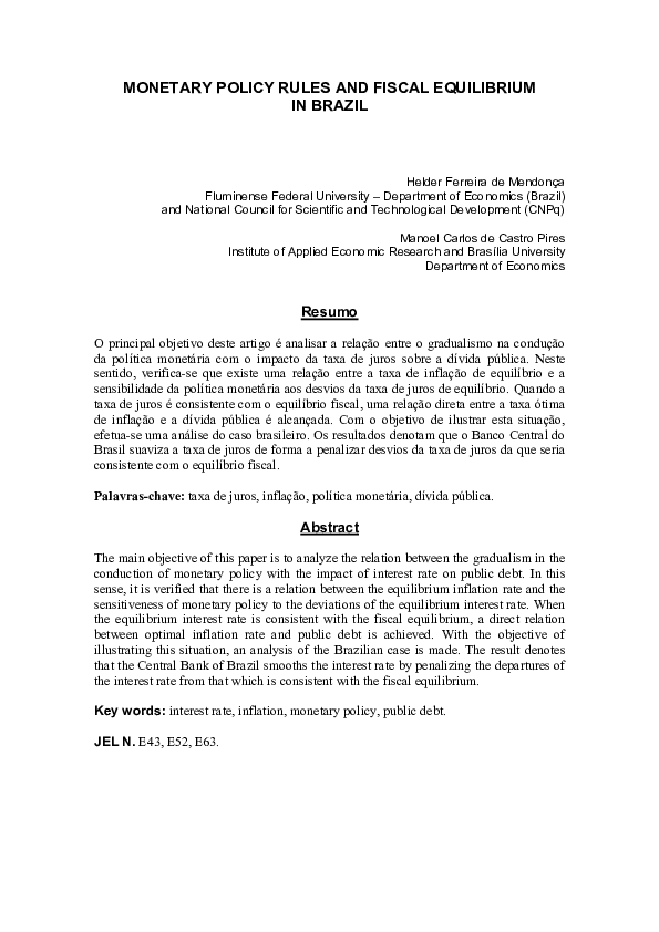 (PDF) Monetary Policy Rules and Fiscal Equilibrium in Brazil