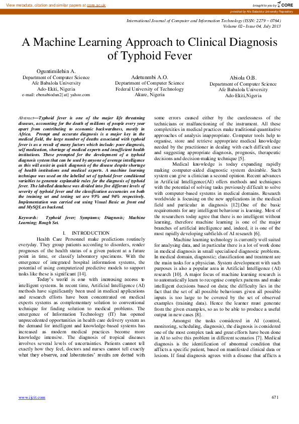 (PDF) A Machine Learning Approach to Clinical Diagnosis of Typhoid Fever