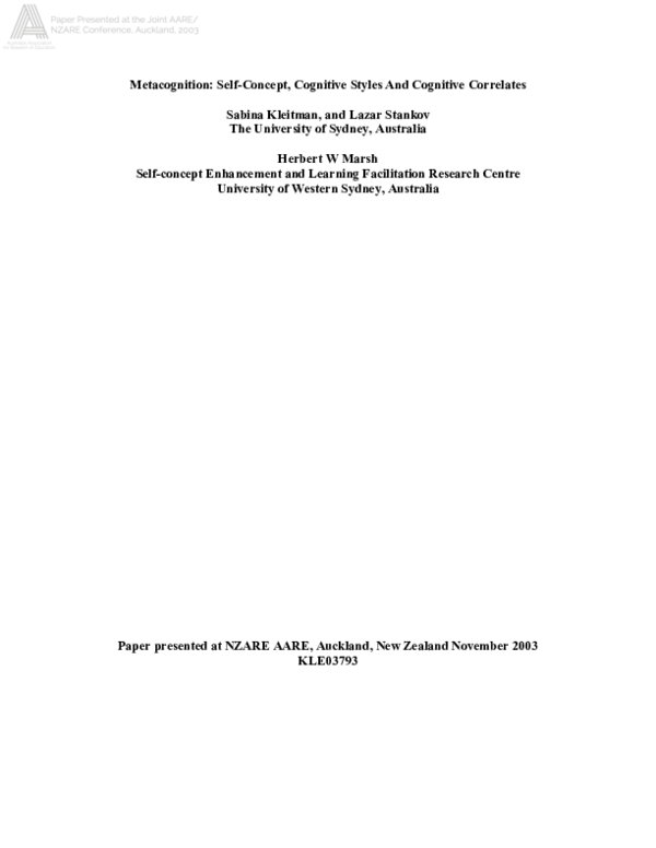 (PDF) Metacognition: Self-Concept, Cognitive Styles And Cognitive ...