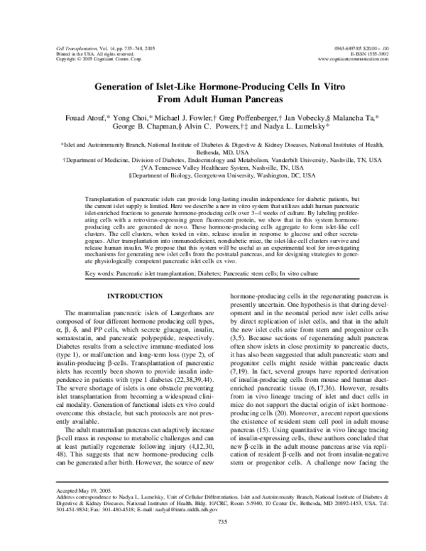 Generation of Islet-Like Hormone-Producing Cells In Vitro from Adult Human Pancreas