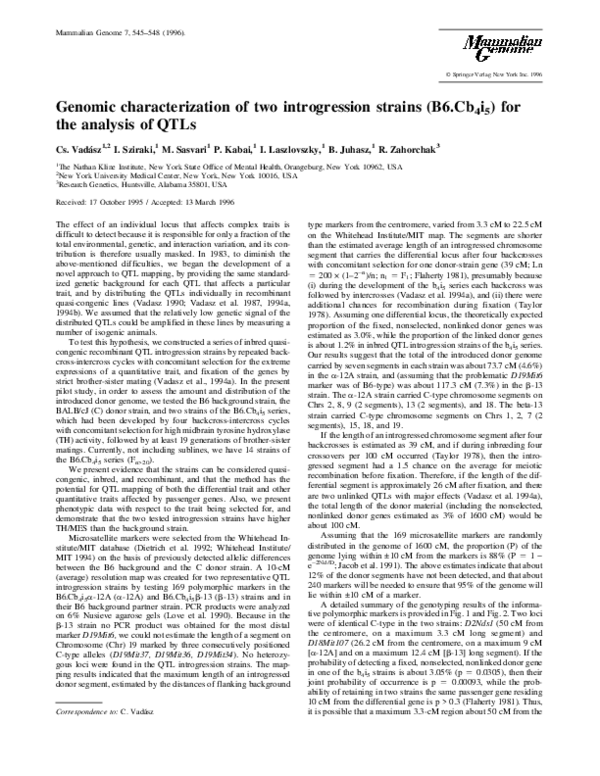 (PDF) Genomic characterization of two introgression strains (B6.Cb4i5 ...