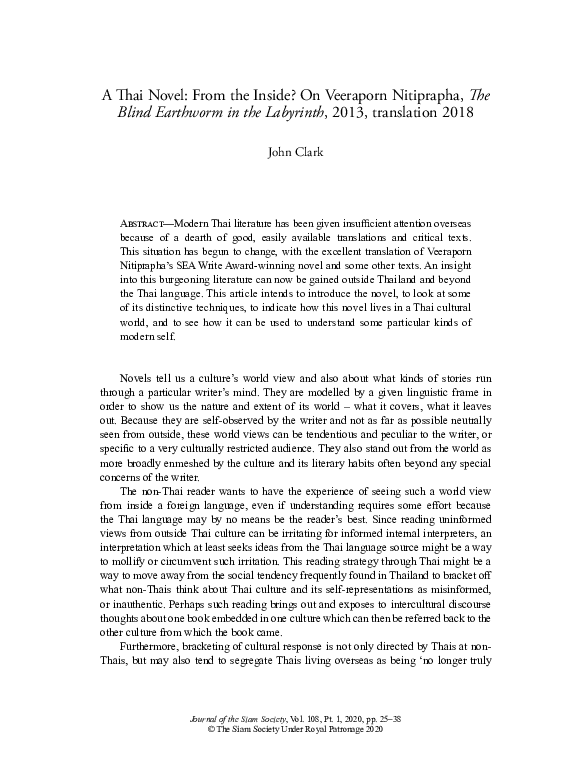 (PDF) A Thai Novel From the Inside? On Veeraporn Nitiprapha,