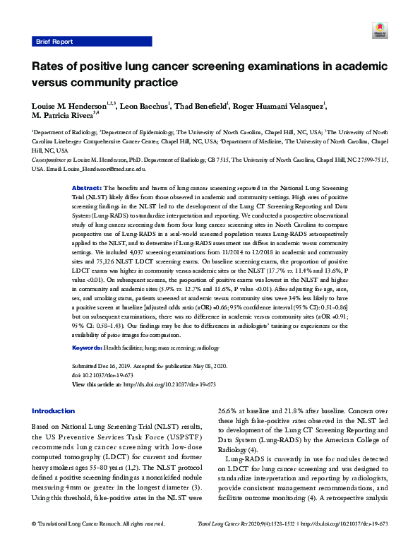(PDF) Rates of positive lung cancer screening examinations in academic ...