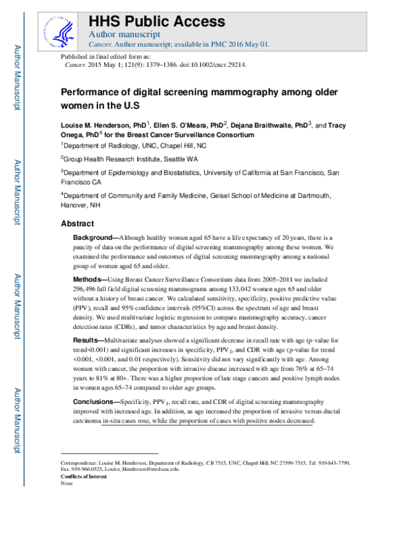 (PDF) Performance of digital screening mammography among older women in ...