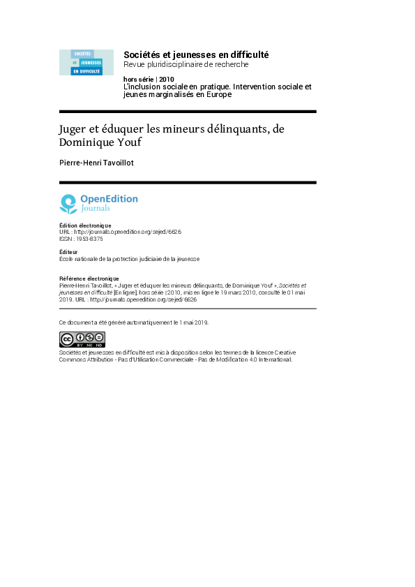 (PDF) Juger et éduquer les mineurs délinquants, de Dominique Youf