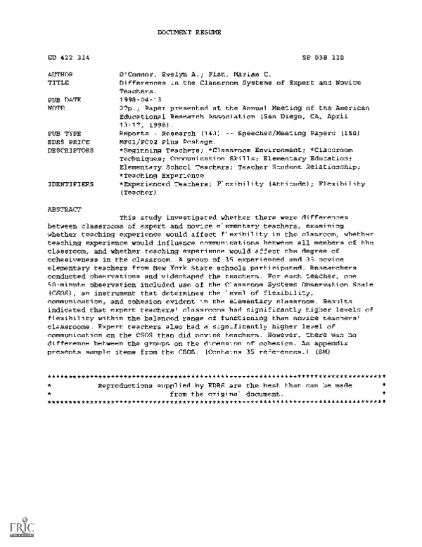 (PDF) Differences in the Classroom Systems of Expert and Novice Teachers