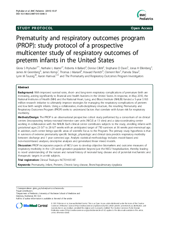 (PDF) Prematurity and respiratory outcomes program (PROP): study ...