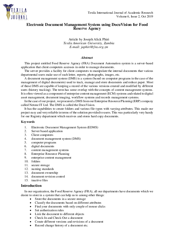 (PDF) Electronic Document Management System using DocuVision for Food