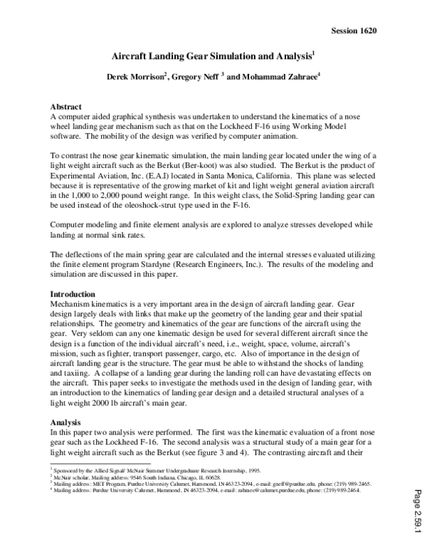 (PDF) Aircraft Landing Gear Simulation And Analysis Derek Morrison