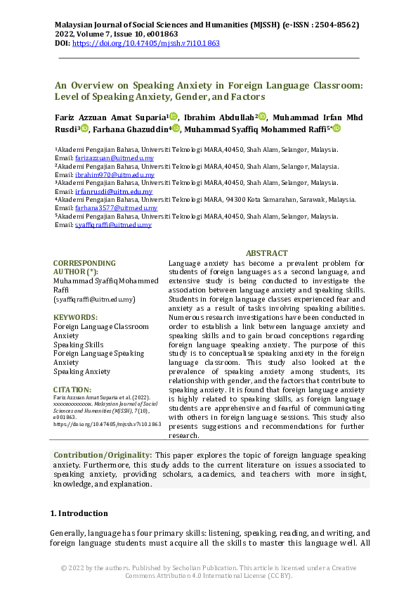 (PDF) An Overview on Speaking Anxiety in Foreign Language Classroom ...