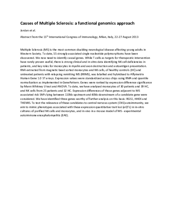 (PDF) Causes of Multiple Sclerosis: a functional genomics approach