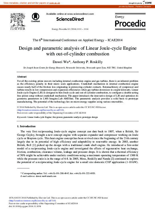 (PDF) Design and Parametric Analysis of Linear Joule-cycle Engine with ...
