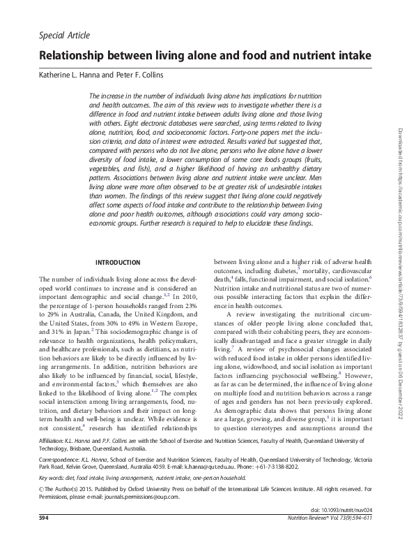 (PDF) Relationship between living alone and food and nutrient intake
