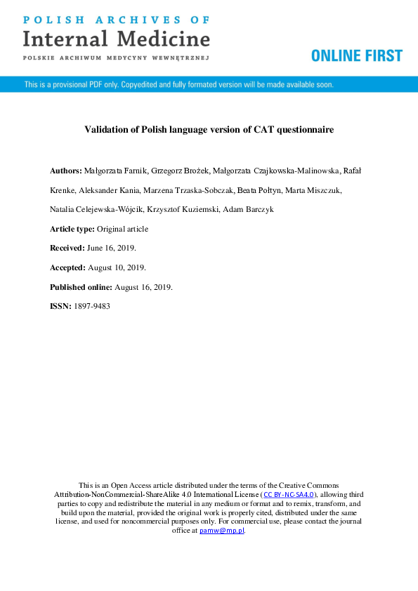 (PDF) Validation of Polish language version of CAT questionnaire