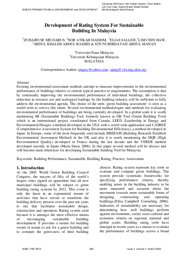 (PDF) Development of Rating System for Sustainable Building in Malaysia