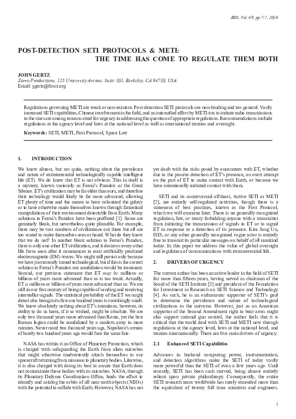 (PDF) Post-Detection SETI Protocols & METI: The Time Has Come To ...