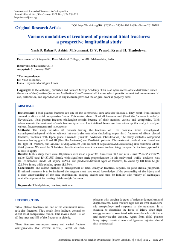 (PDF) Various modalities of treatment of proximal tibial fractures: a ...