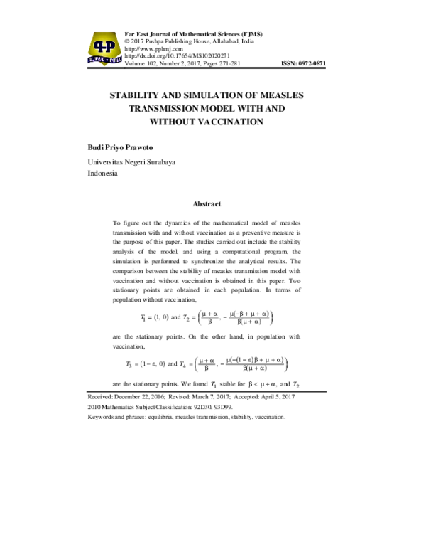 (PDF) Stability and Simulation of Measles Transmission Model with and ...