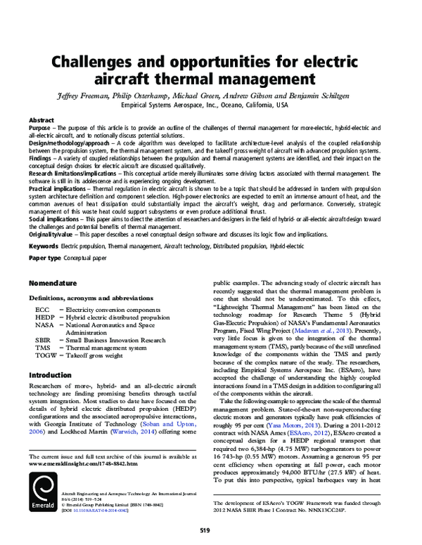 (PDF) Challenges and opportunities for electric aircraft thermal management